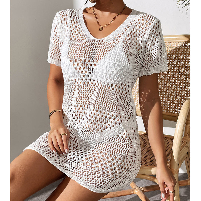 Women Clothes Sexy Cutout Short Sleeve Casual Bikini Cover Up Swimsuit Blouse Beach Sun Protection Shirt Crochet hook Bella Mia